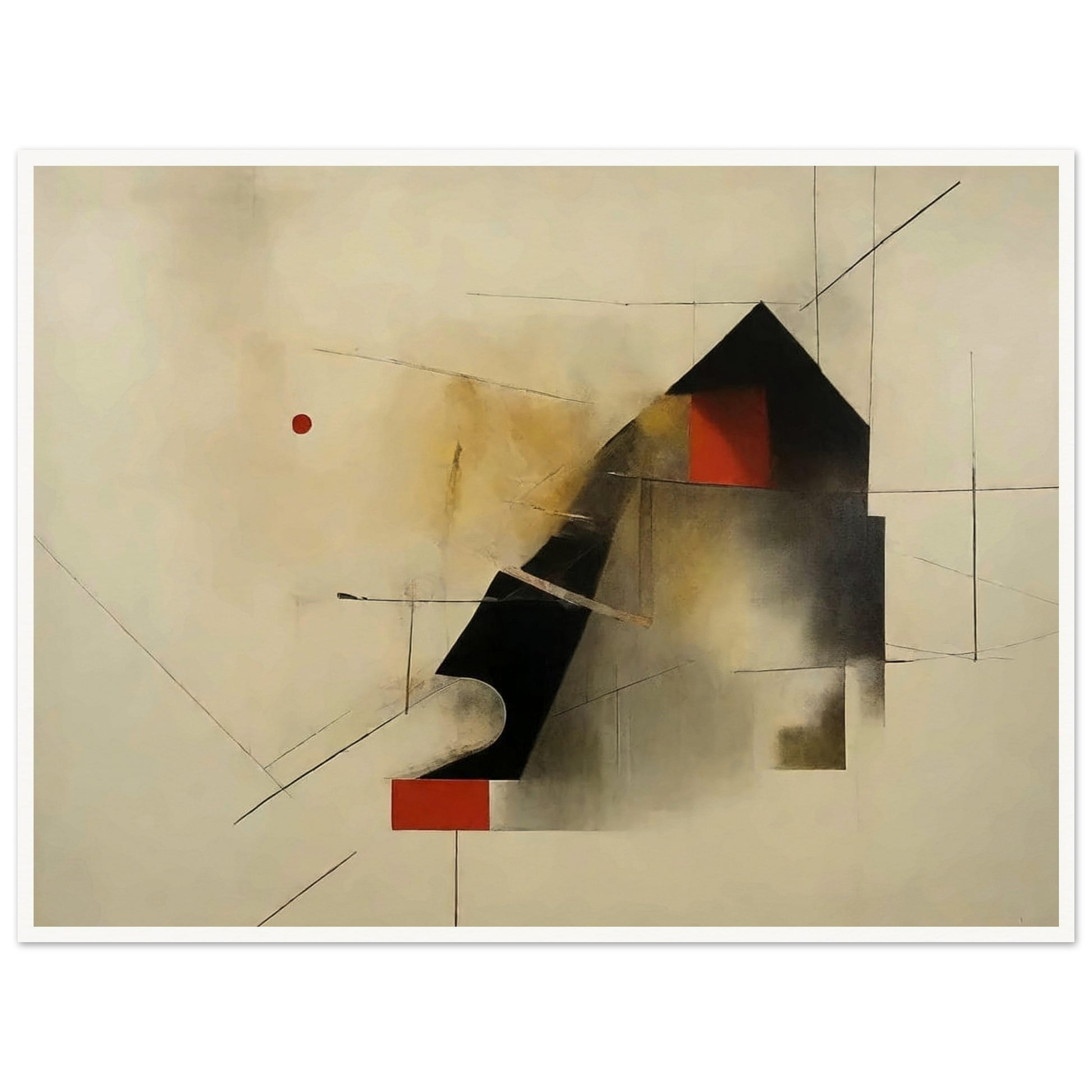 An abstract painting featuring geometric shapes and lines on a light background. A prominent black triangular shape is juxtaposed with red and white rectangles, and thin lines intersect across the canvas, creating a sense of movement and depth.