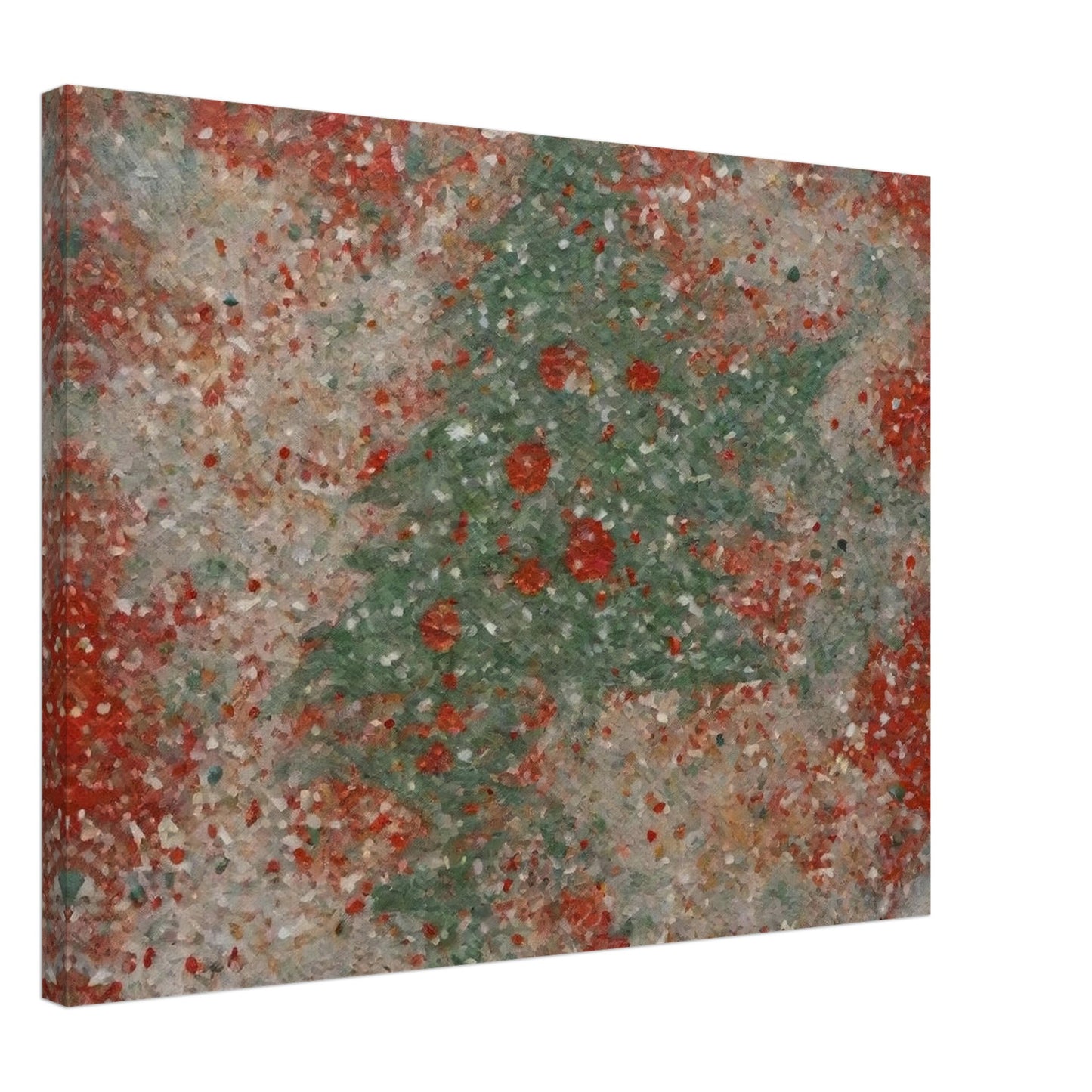 A textured artwork featuring a subtle Christmas tree shape in green, surrounded by red and white festive hues, creating a wintery charm.