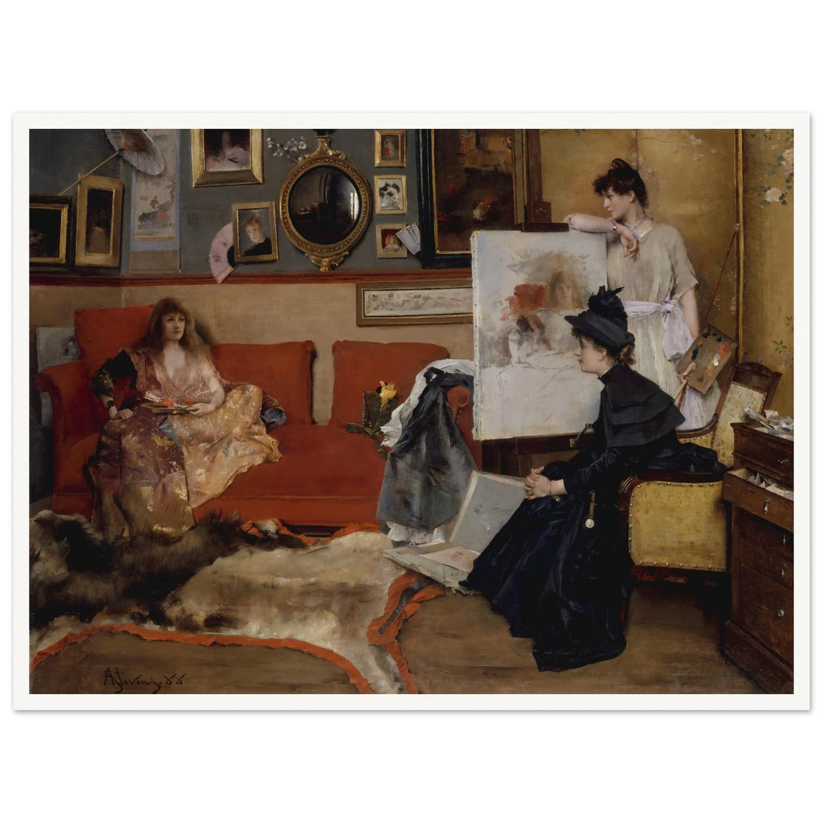 Three women gather in an artist’s studio with an easel, red sofa, framed pictures, and scattered art materials.