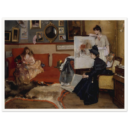 Three women gather in an artist’s studio with an easel, red sofa, framed pictures, and scattered art materials.