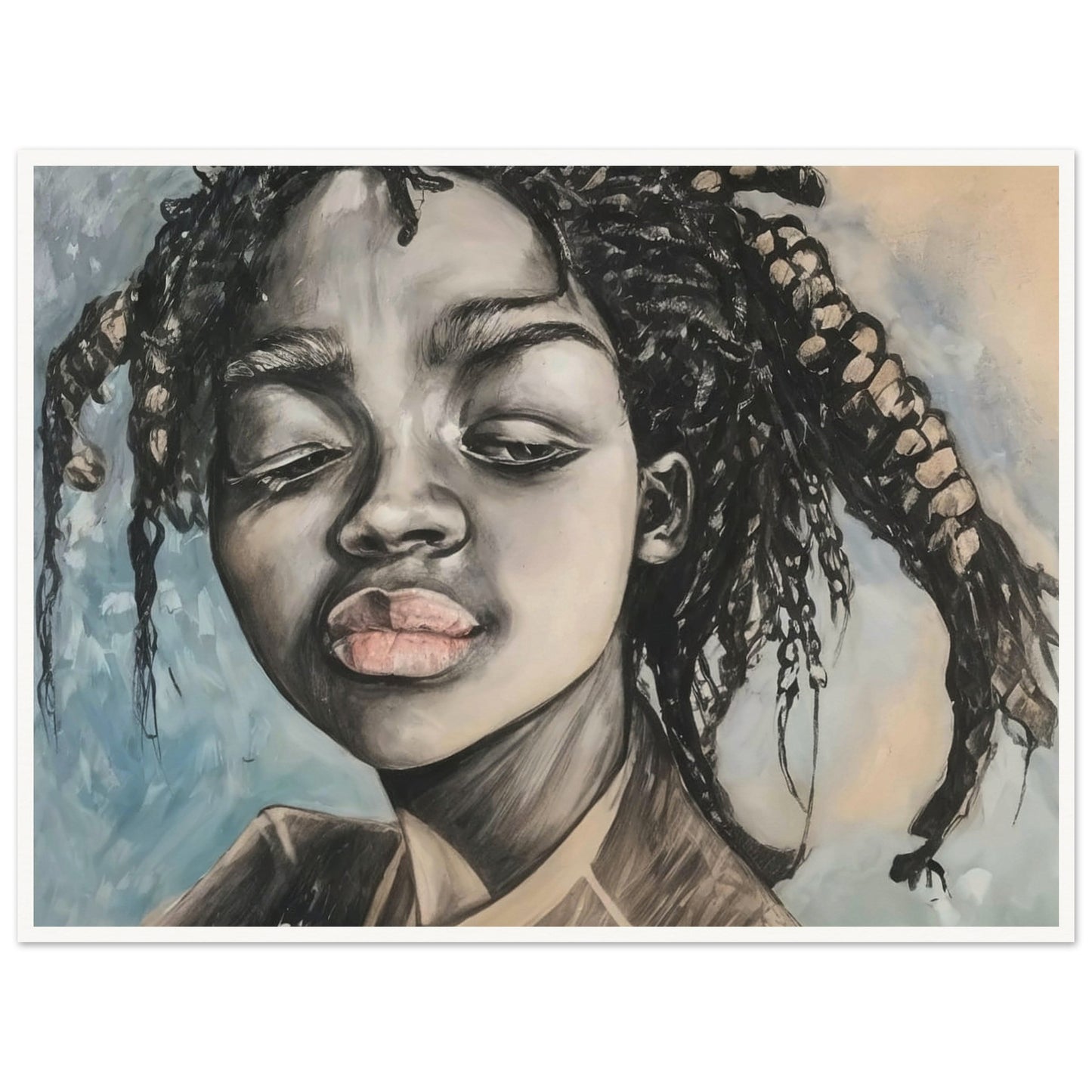 A powerful portrait painting of a young girl with braided hair. The artwork focuses on her expressive face, capturing a moment of contemplation or reflection. The use of monochromatic tones emphasizes the depth and emotion in her features, while subtle hints of color highlight her lips and the background, adding contrast and dimension.