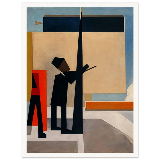 A geometric depiction of two figures interacting within an abstract cityscape, characterized by bold shapes and contrasting colors.