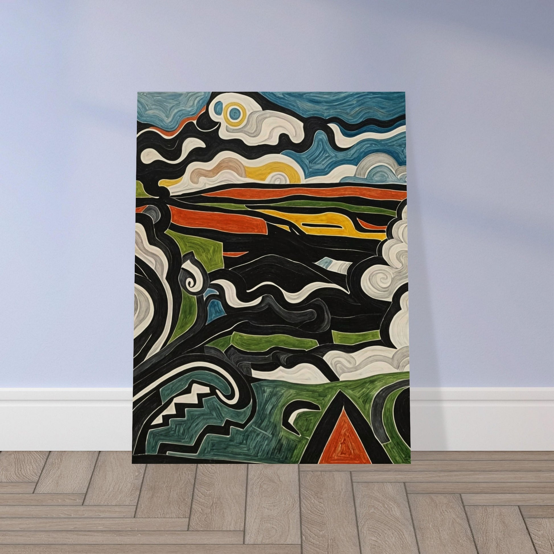 An abstract painting featuring swirling shapes and vibrant colors depicting a dynamic and imaginative landscape.