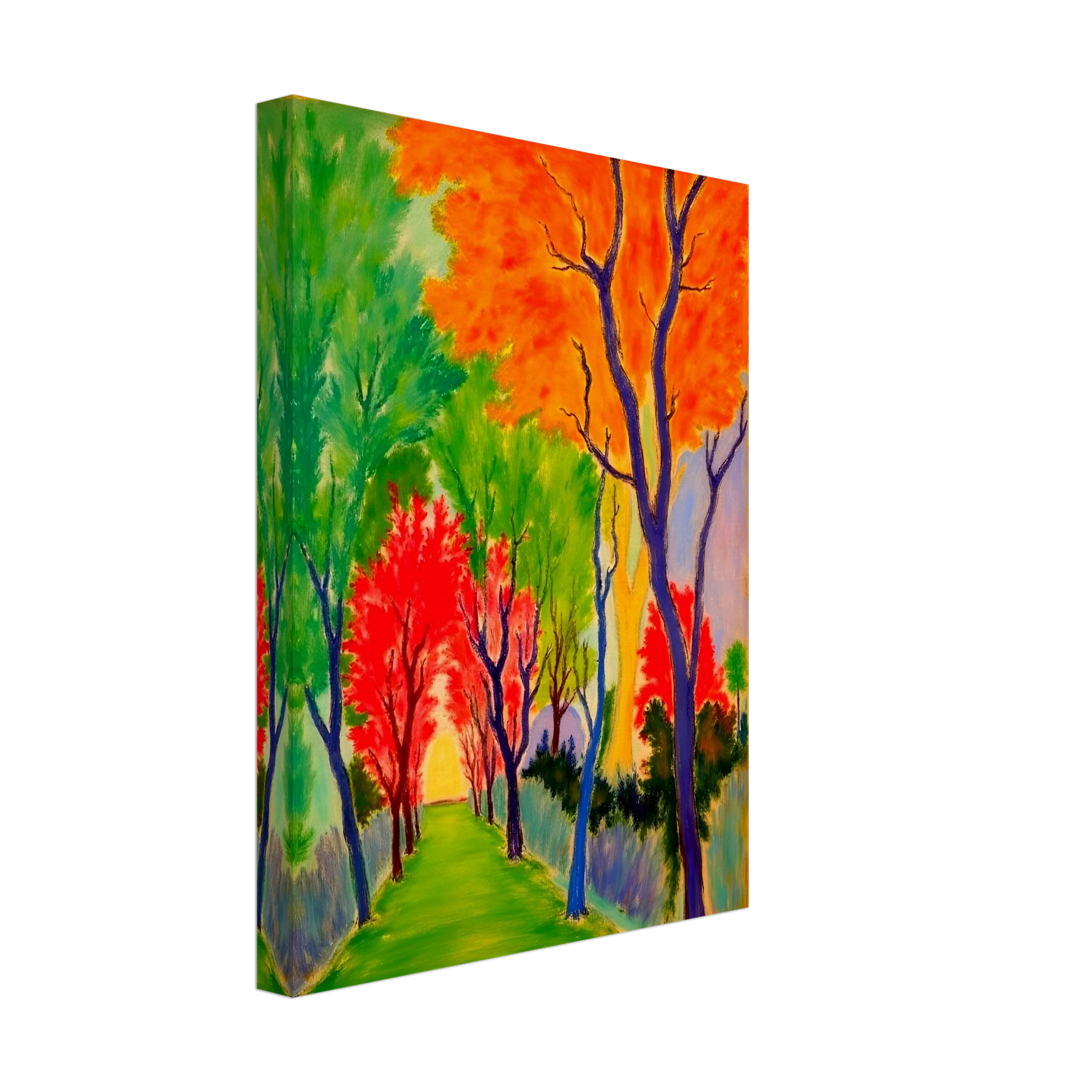 A vivid forest pathway glowing with fiery orange, green, and red trees, symbolizing nature’s changing seasons and renewal.