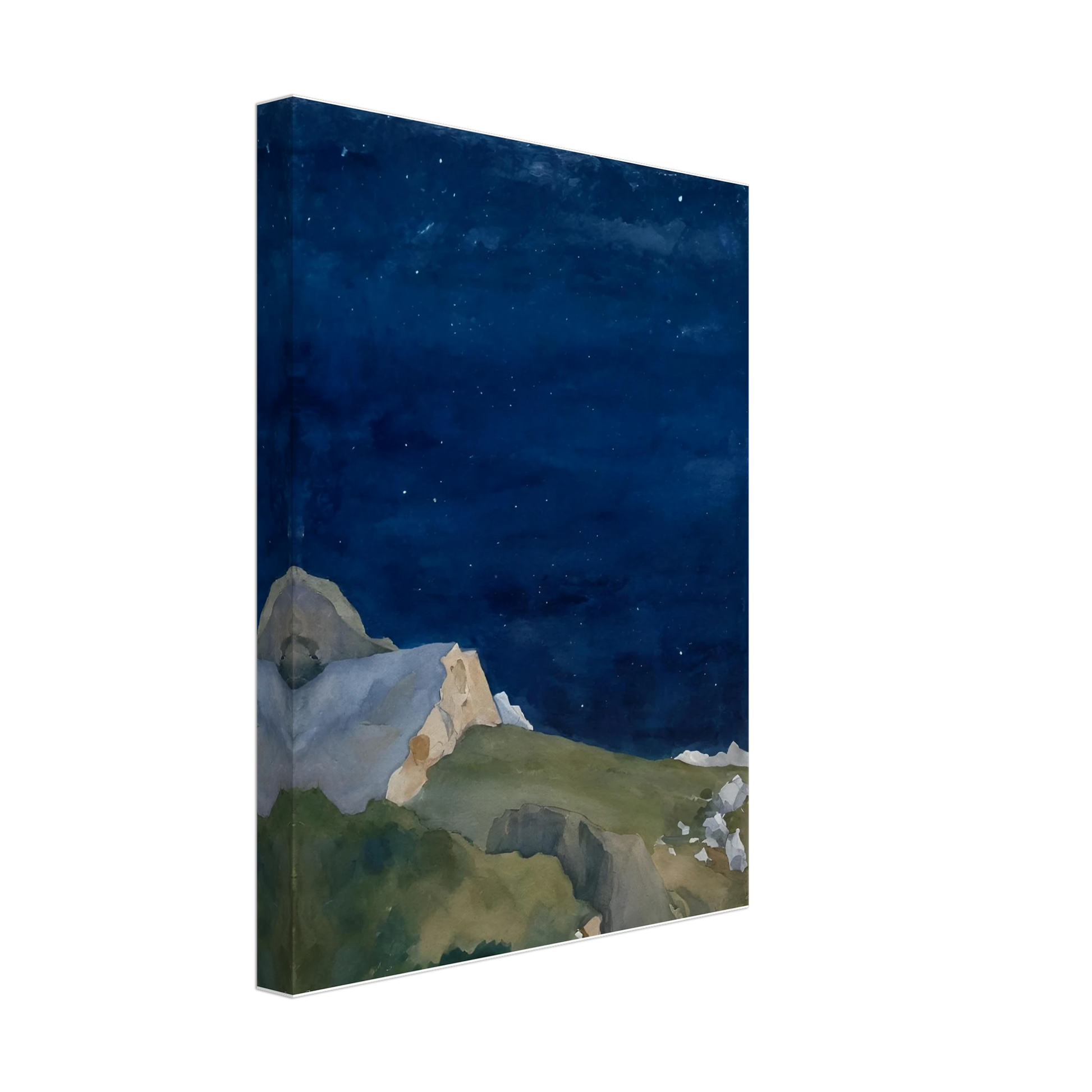 A tranquil night scene of rocky cliffs under a starlit indigo sky, evoking solitude and quiet wonder.