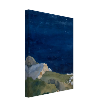 A tranquil night scene of rocky cliffs under a starlit indigo sky, evoking solitude and quiet wonder.