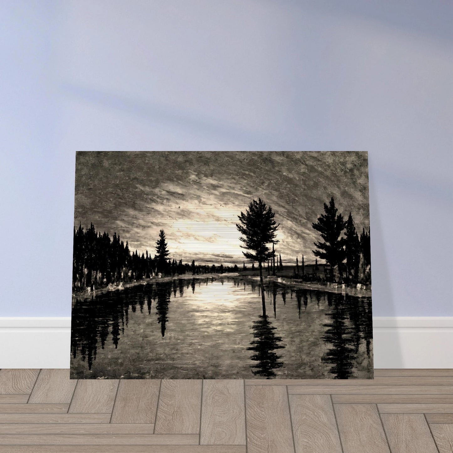 A serene black and white landscape of tall trees reflected in a still river beneath a dimly lit, textured evening sky.