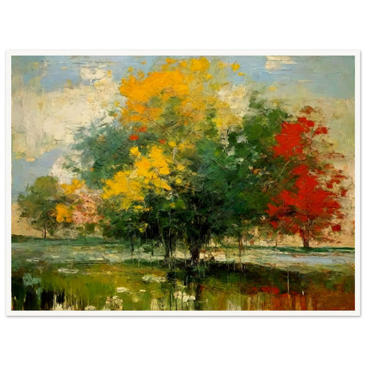 Vibrant trees in yellow, red, and green shades stand against a tranquil blue sky, reflecting the beauty of seasonal transitions.