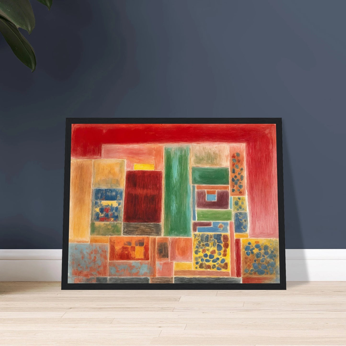 A vivid patchwork of red, green, yellow, and blue rectangles forming a rhythmic grid of warmth and texture.