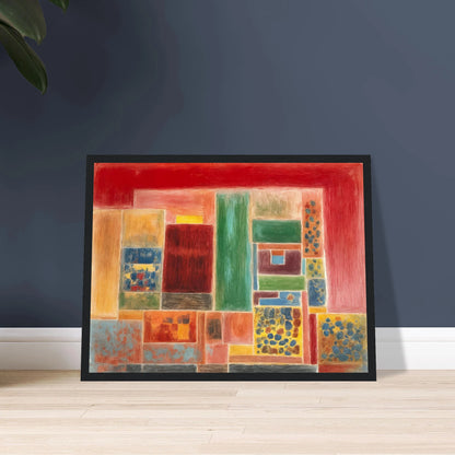 A vivid patchwork of red, green, yellow, and blue rectangles forming a rhythmic grid of warmth and texture.