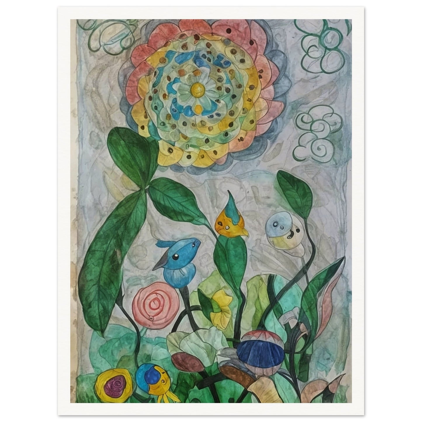 A whimsical watercolor painting of a colorful garden with abstract flowers and playful creatures.