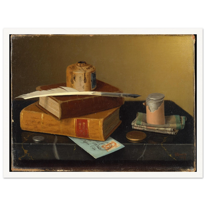 Books, quill, ink bottle, coins, and papers arranged on a polished tabletop