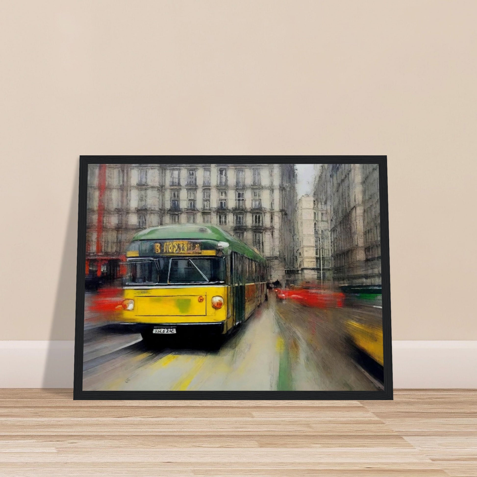 "A dynamic painting of a yellow and green tram speeding through a busy city street, with blurred surroundings capturing the movement of urban life."