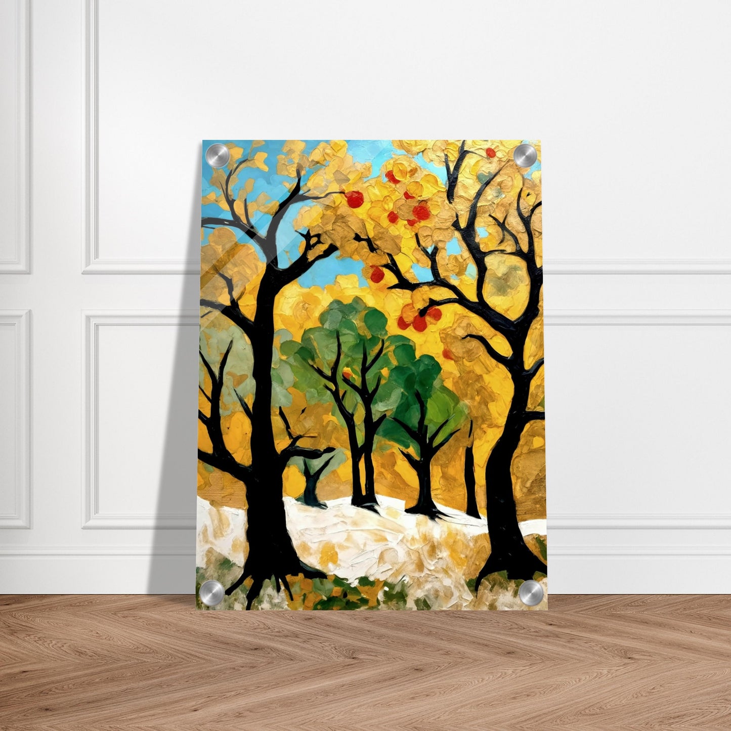 A vibrant painting of golden and green trees with hints of red fruit, capturing the essence of an autumn orchard bathed in sunlight.