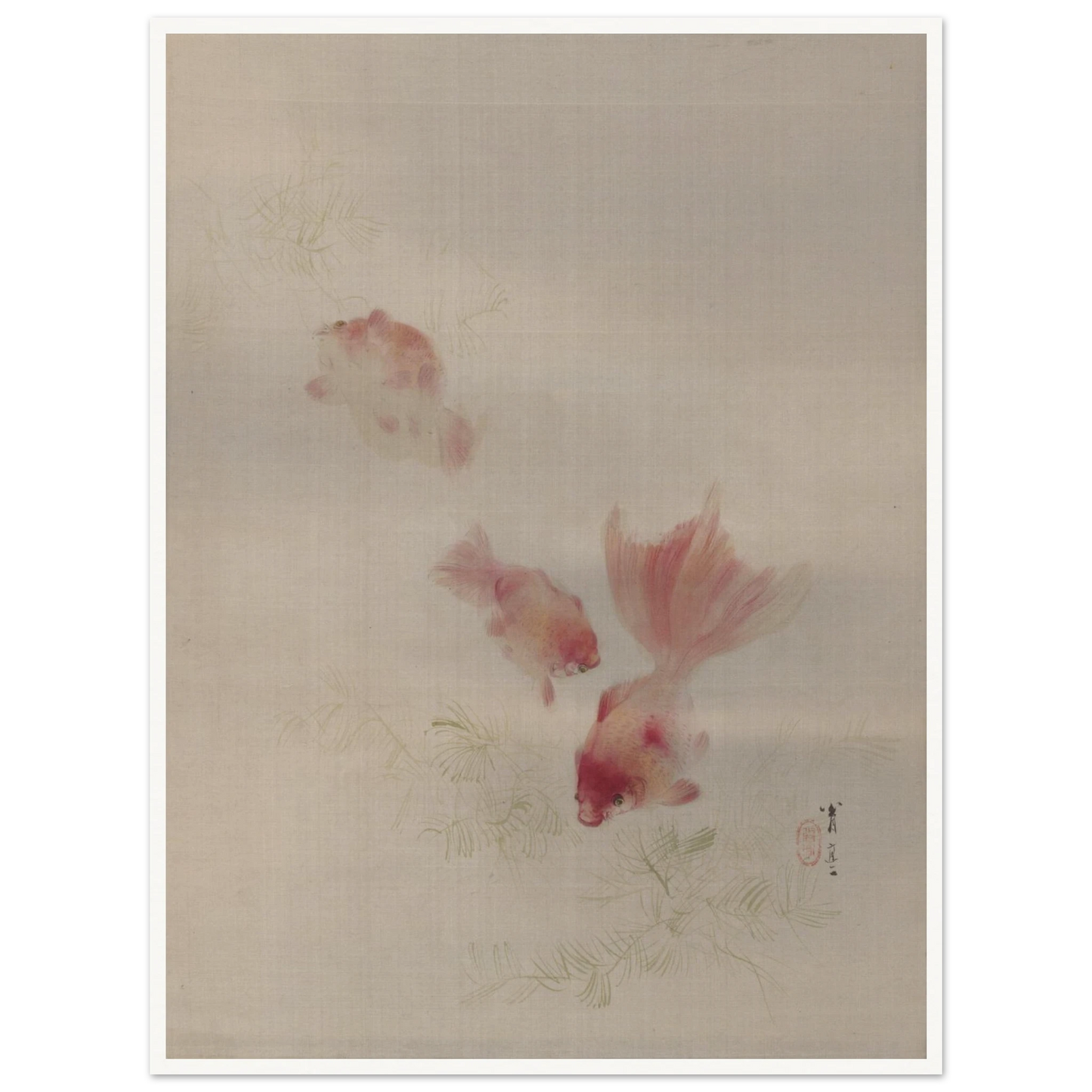 Three pale pink goldfish swim among faint green aquatic plants on a light silk background