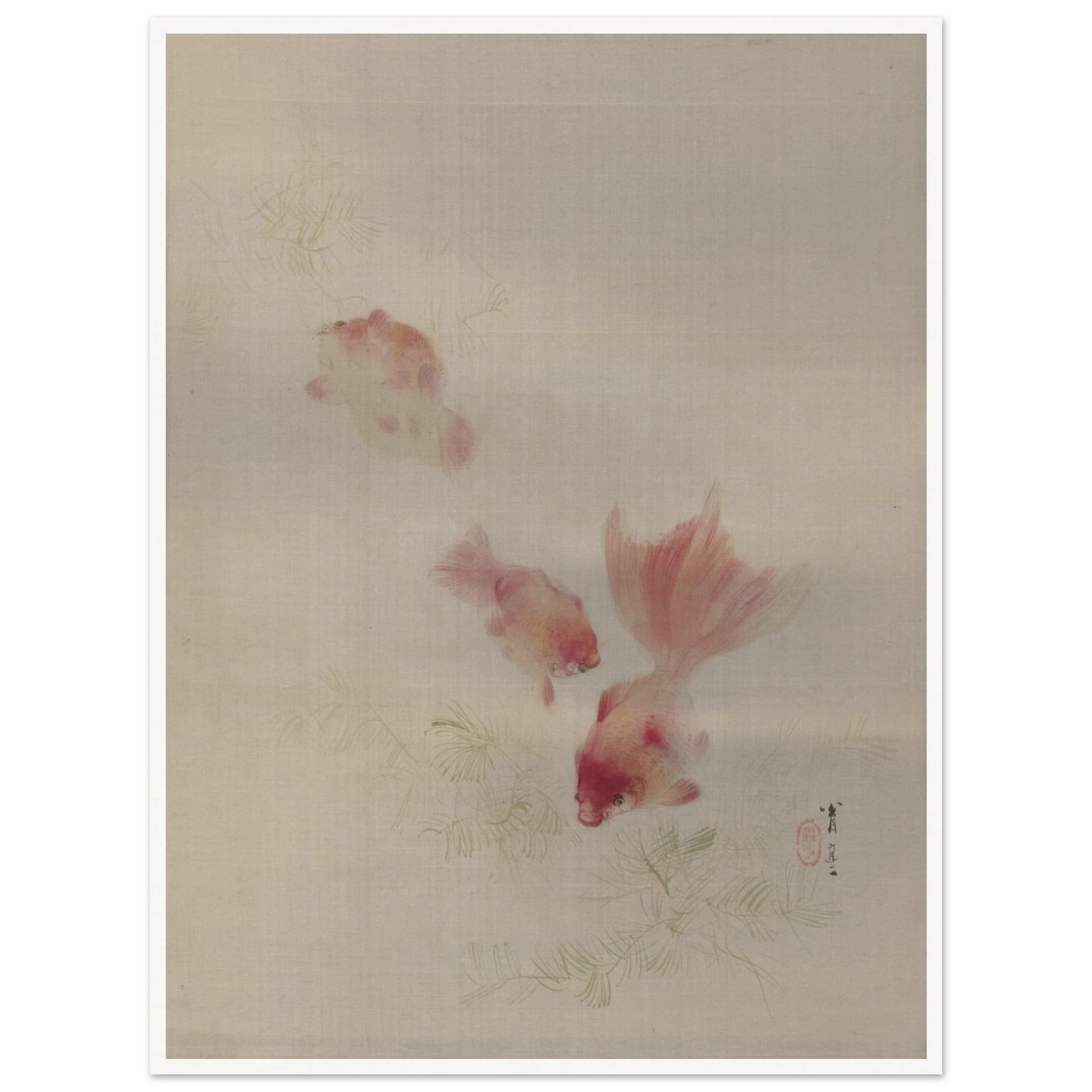 Three pale pink goldfish swim among faint green aquatic plants on a light silk background
