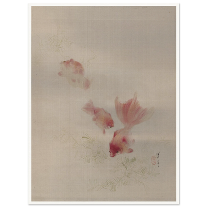 Three pale pink goldfish swim among faint green aquatic plants on a light silk background