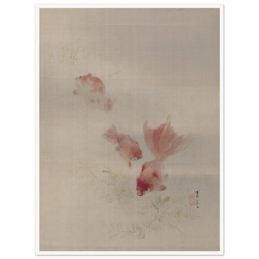 Three pale pink goldfish swim among faint green aquatic plants on a light silk background