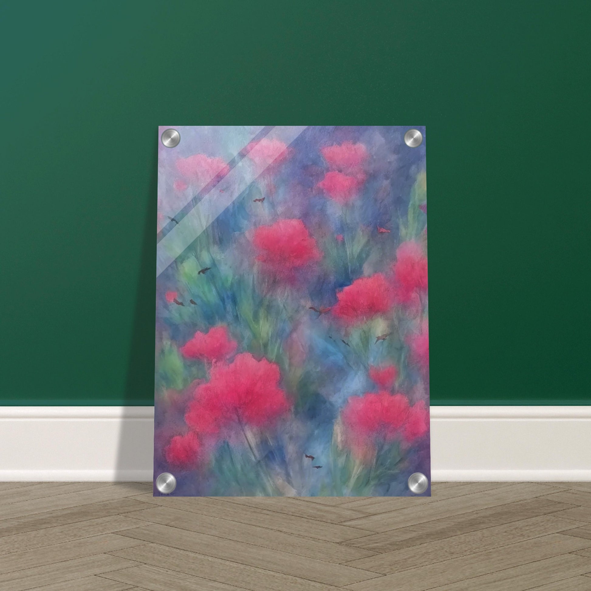 A soft-focus painting of vibrant pink flowers amidst a dreamy, blue and green background with delicate, scattered birds.