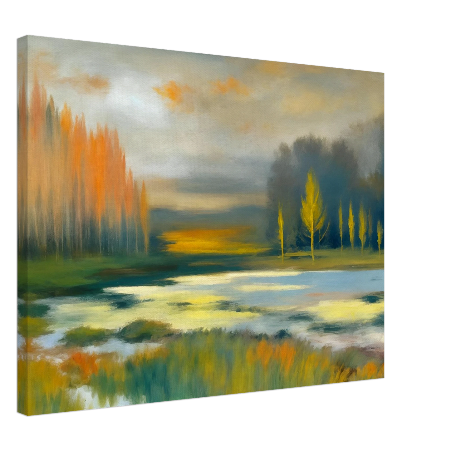 Soft impressionist wetland landscape with glowing golden trees, misty waters, and tranquil reflections beneath a muted autumn sky.