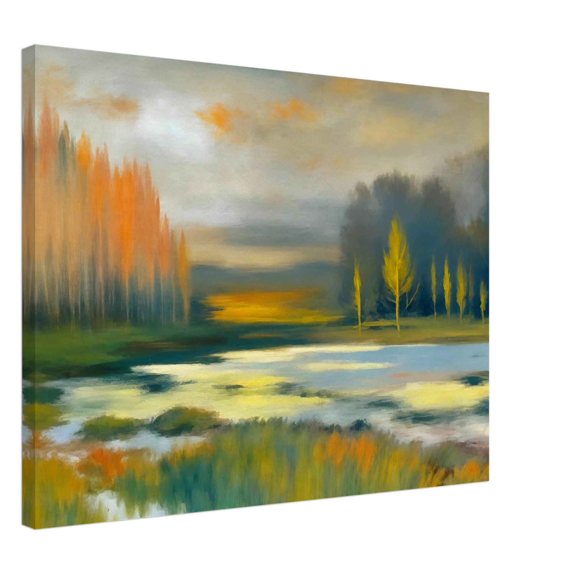 Soft impressionist wetland landscape with glowing golden trees, misty waters, and tranquil reflections beneath a muted autumn sky.