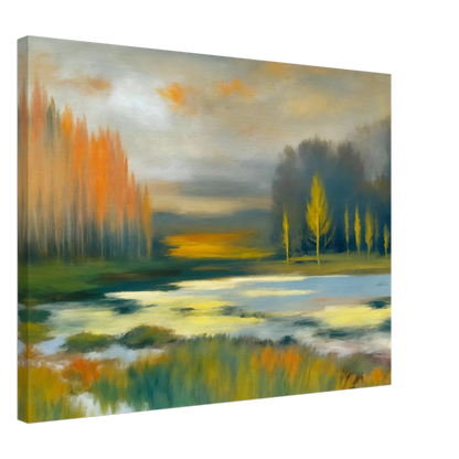 Soft impressionist wetland landscape with glowing golden trees, misty waters, and tranquil reflections beneath a muted autumn sky.