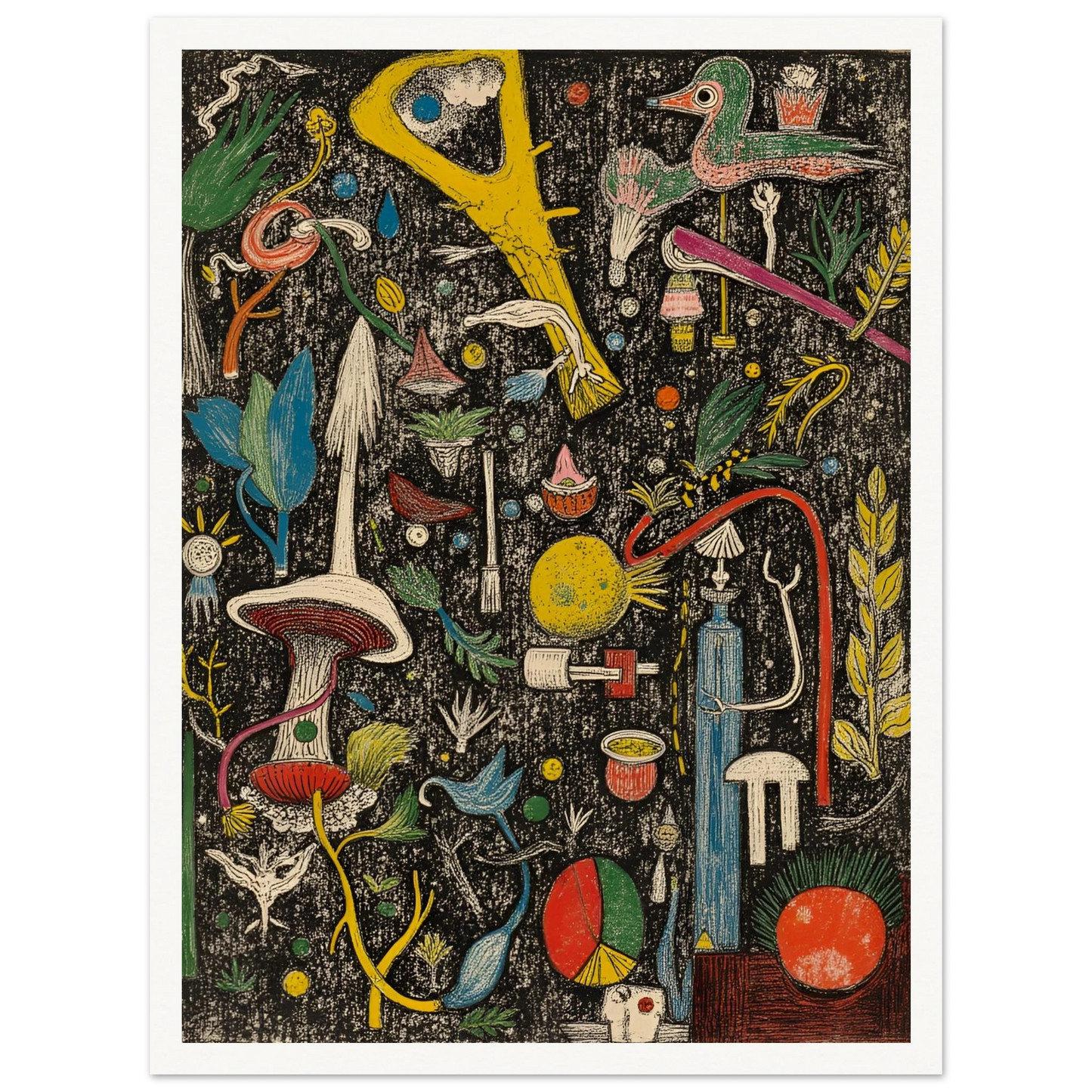 A dense and whimsical collage of surreal plants, tools, birds, and symbols scattered over a textured black background.
