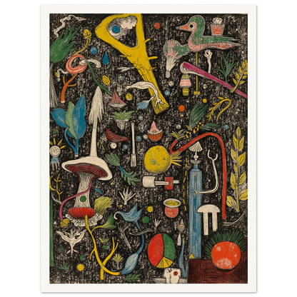 A dense and whimsical collage of surreal plants, tools, birds, and symbols scattered over a textured black background.