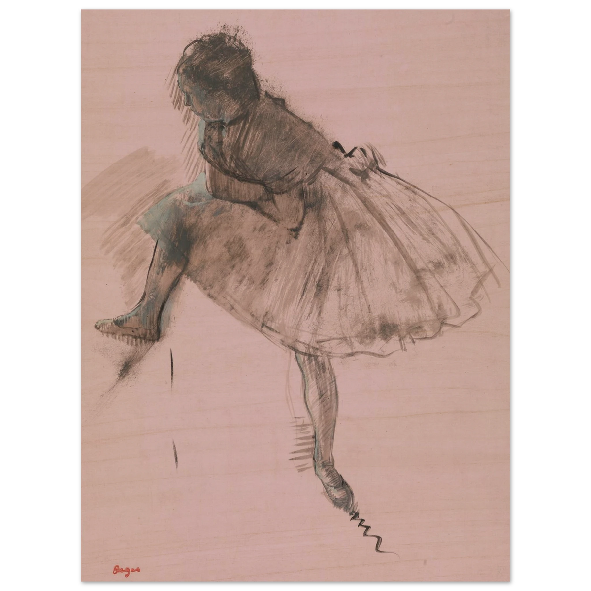 A seated ballerina in a full tutu bends forward, rendered in dark strokes on soft pink paper.