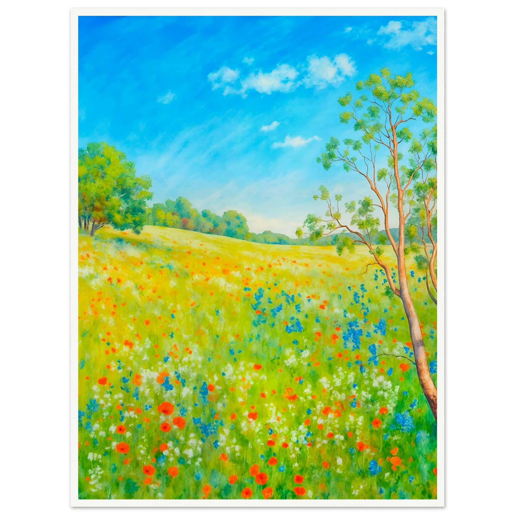 Bright wildflower meadow under clear blue sky with delicate trees, colorful blossoms, and sunlit greenery stretching across a serene spring landscape.