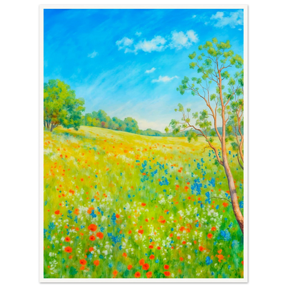 Bright wildflower meadow under clear blue sky with delicate trees, colorful blossoms, and sunlit greenery stretching across a serene spring landscape.