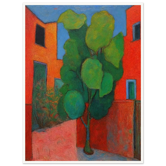 A vibrant painting depicting a green tree in the courtyard of red buildings. The bold colors and abstract style create a lively and dynamic urban scene.