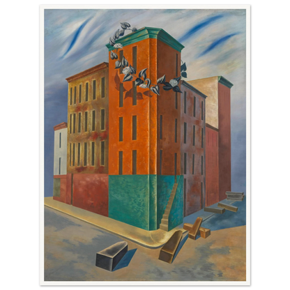 Colorful tenement buildings rise over an empty street with scattered blocks and a flowering vine beneath a blue sky.