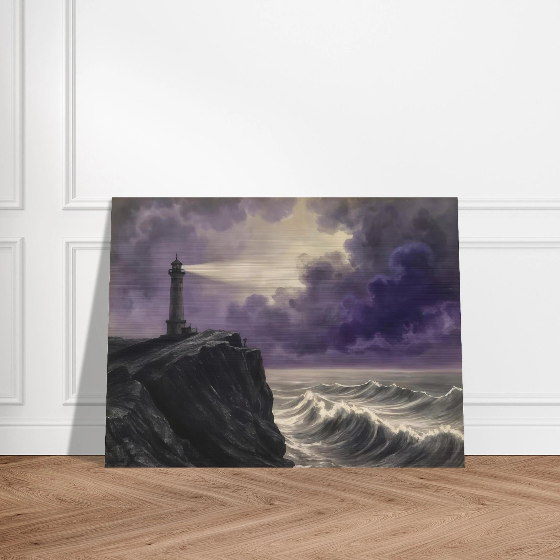 A solitary lighthouse casts its beam through storm-darkened violet clouds above crashing ocean waves against a rugged cliff.