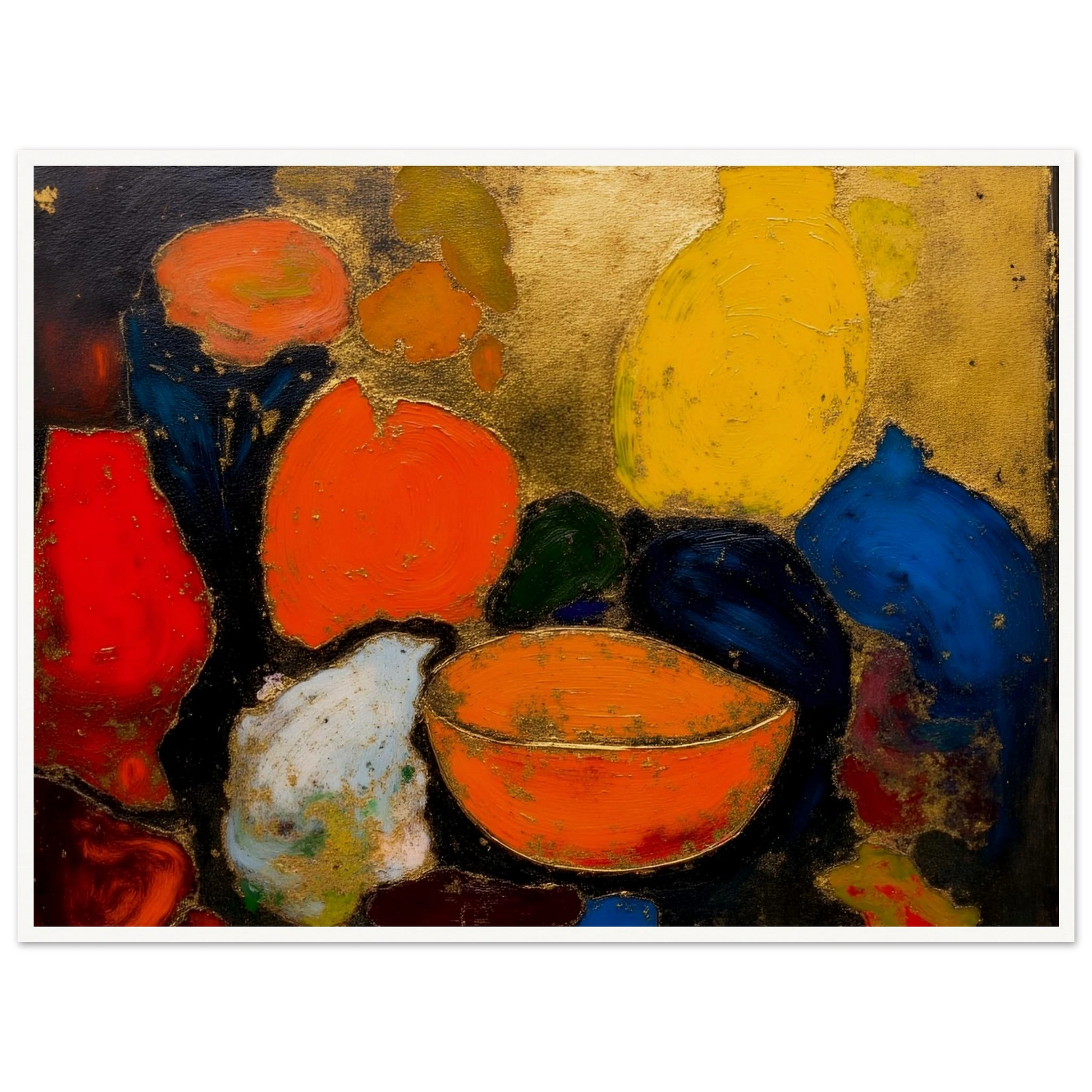 Colorful still life with yellow and blue vases, orange bowl, red fruit, and dark textured background.
