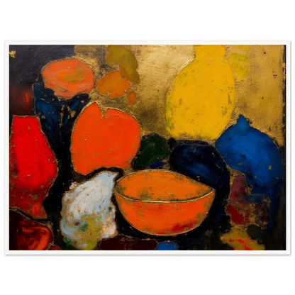 Colorful still life with yellow and blue vases, orange bowl, red fruit, and dark textured background.