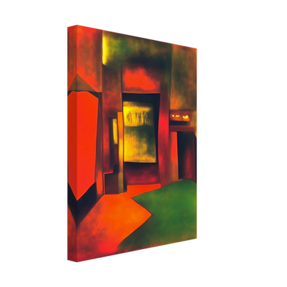 An interior-like scene bathed in glowing red, gold, and green light, forming bold shapes that evoke mystery and warmth.