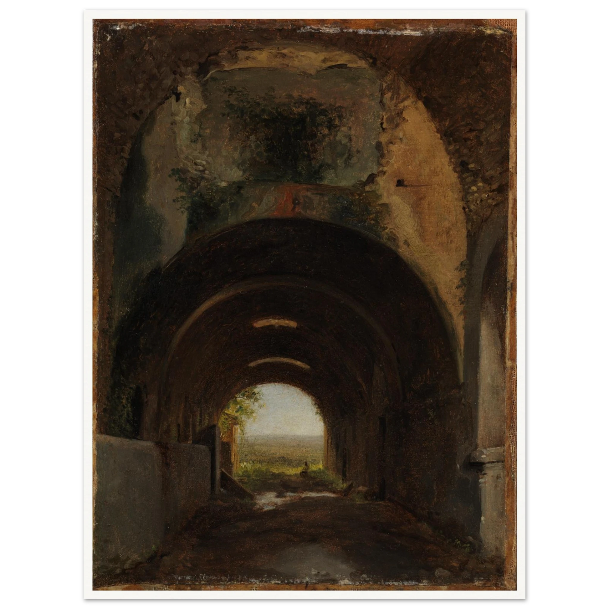 Dark vaulted stable opens to a distant landscape through a sunlit arch