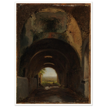 Dark vaulted stable opens to a distant landscape through a sunlit arch