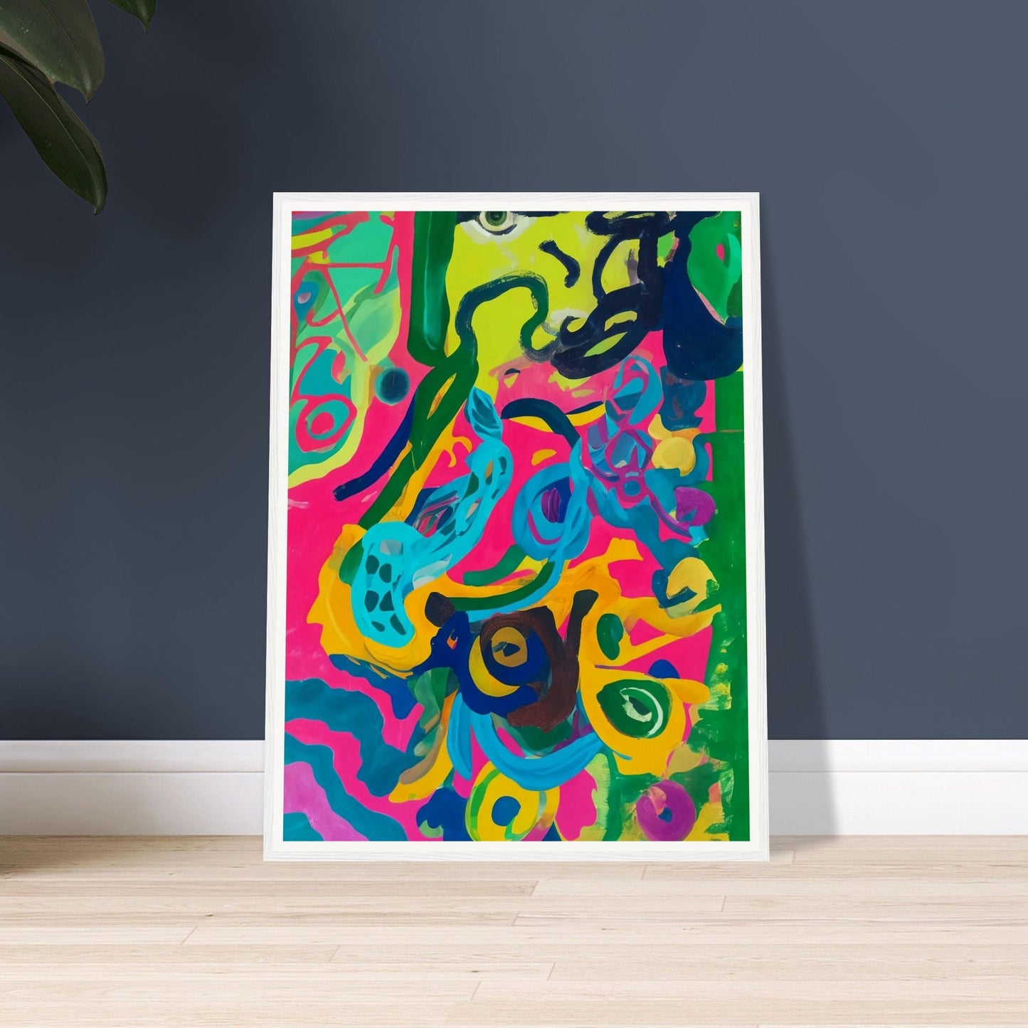 A vibrant abstract painting bursting with bright pink, green, blue, and yellow swirls, creating a lively and energetic composition.