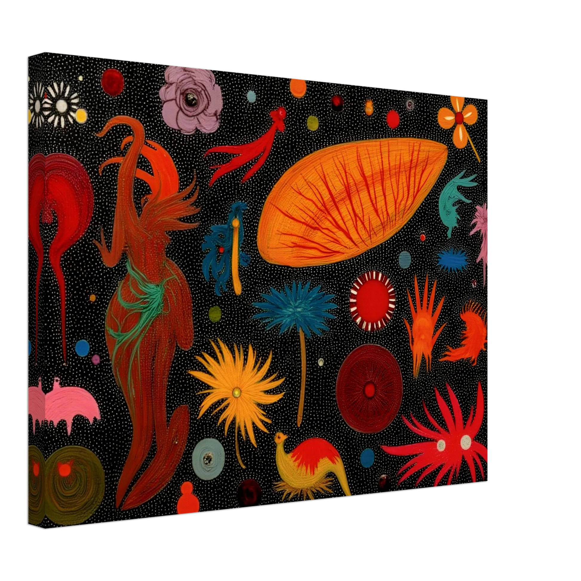 A vivid constellation of surreal floral and animal-like forms scattered over a black dotted background in bright, playful colors.