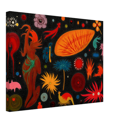 A vivid constellation of surreal floral and animal-like forms scattered over a black dotted background in bright, playful colors.