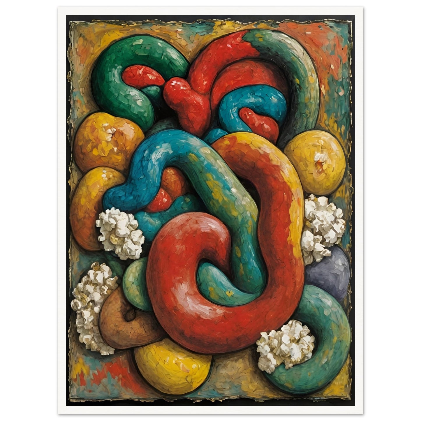 A bold, textured painting featuring intertwined, tubular forms in red, blue, green, and yellow, surrounded by organic, rounded shapes.