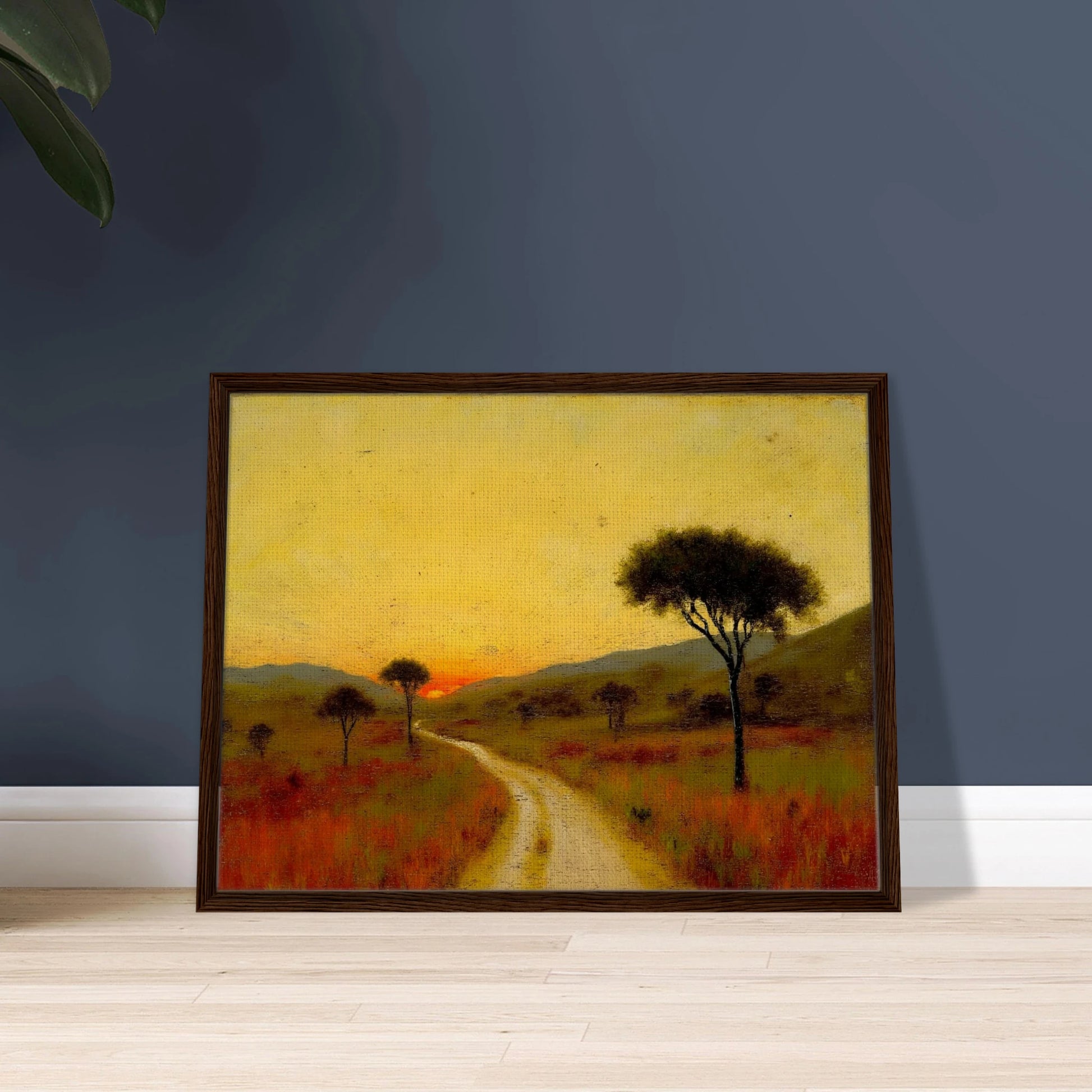 A golden trail winds through a grassy plain at sunset, flanked by scattered trees and glowing hills under a radiant yellow sky.