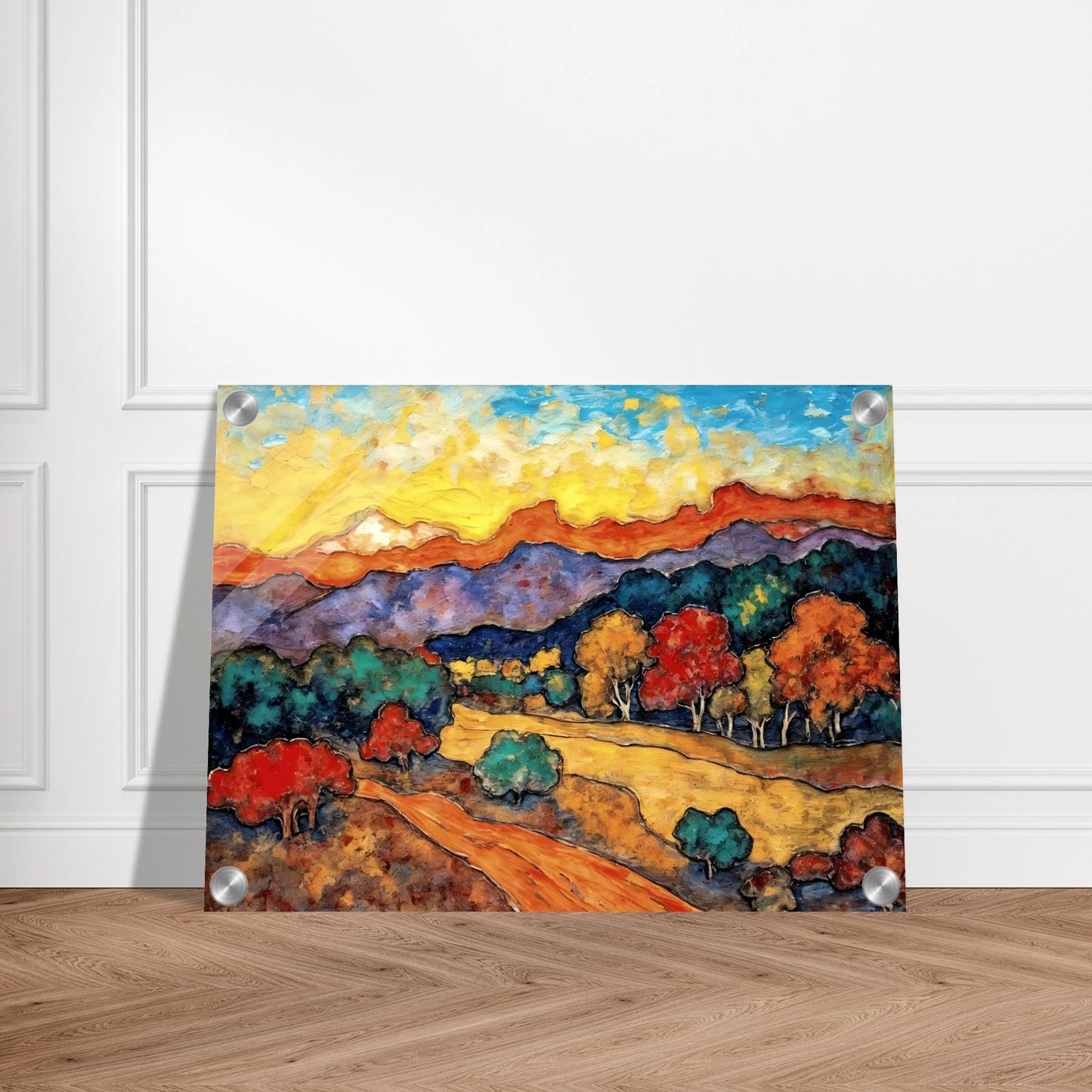 Vivid hills and colorful trees glow beneath a radiant sky, with winding paths crossing a countryside of warm hues.