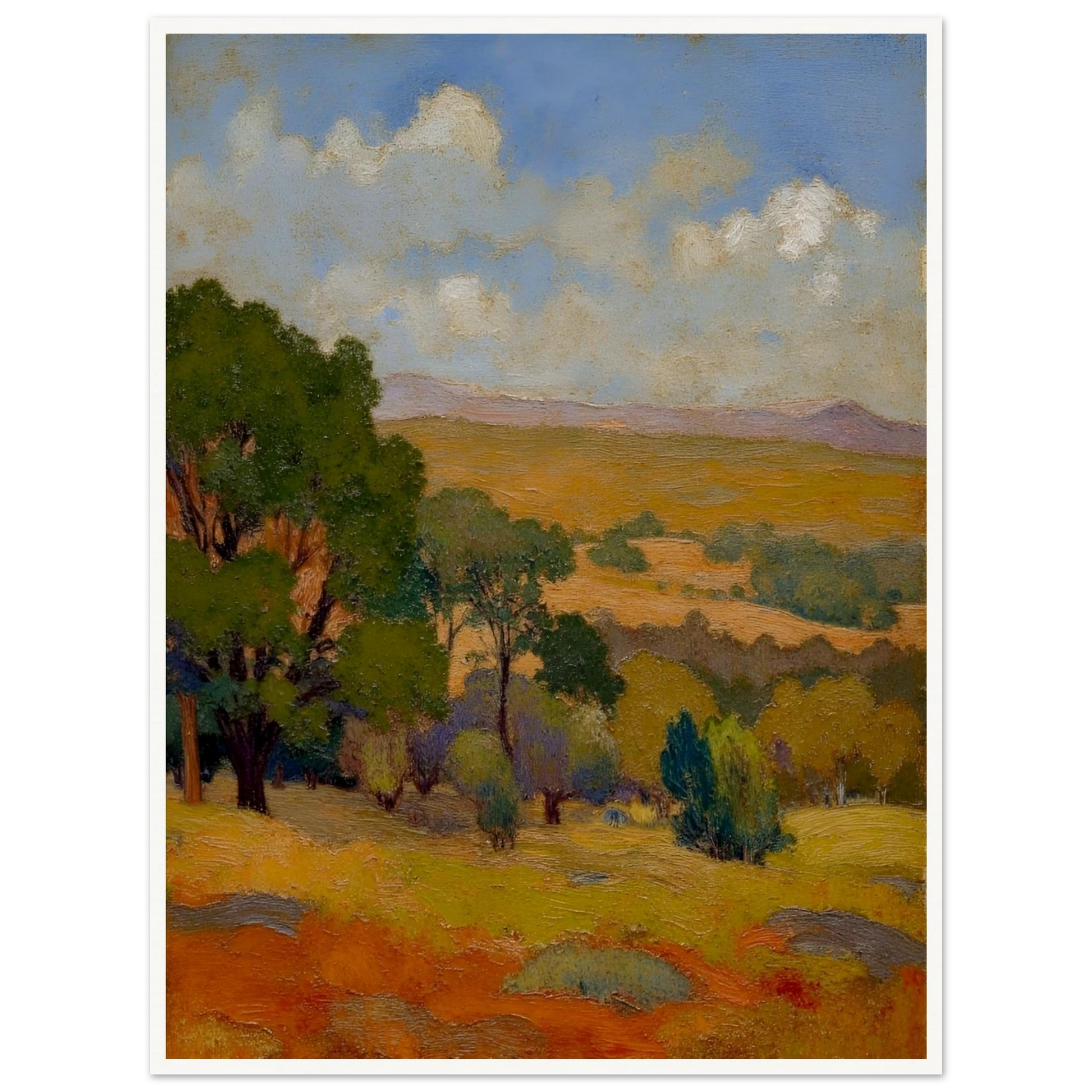 Golden fields and green trees stretch beneath a blue sky with soft clouds and distant hills.