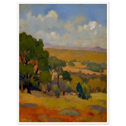 Golden fields and green trees stretch beneath a blue sky with soft clouds and distant hills.
