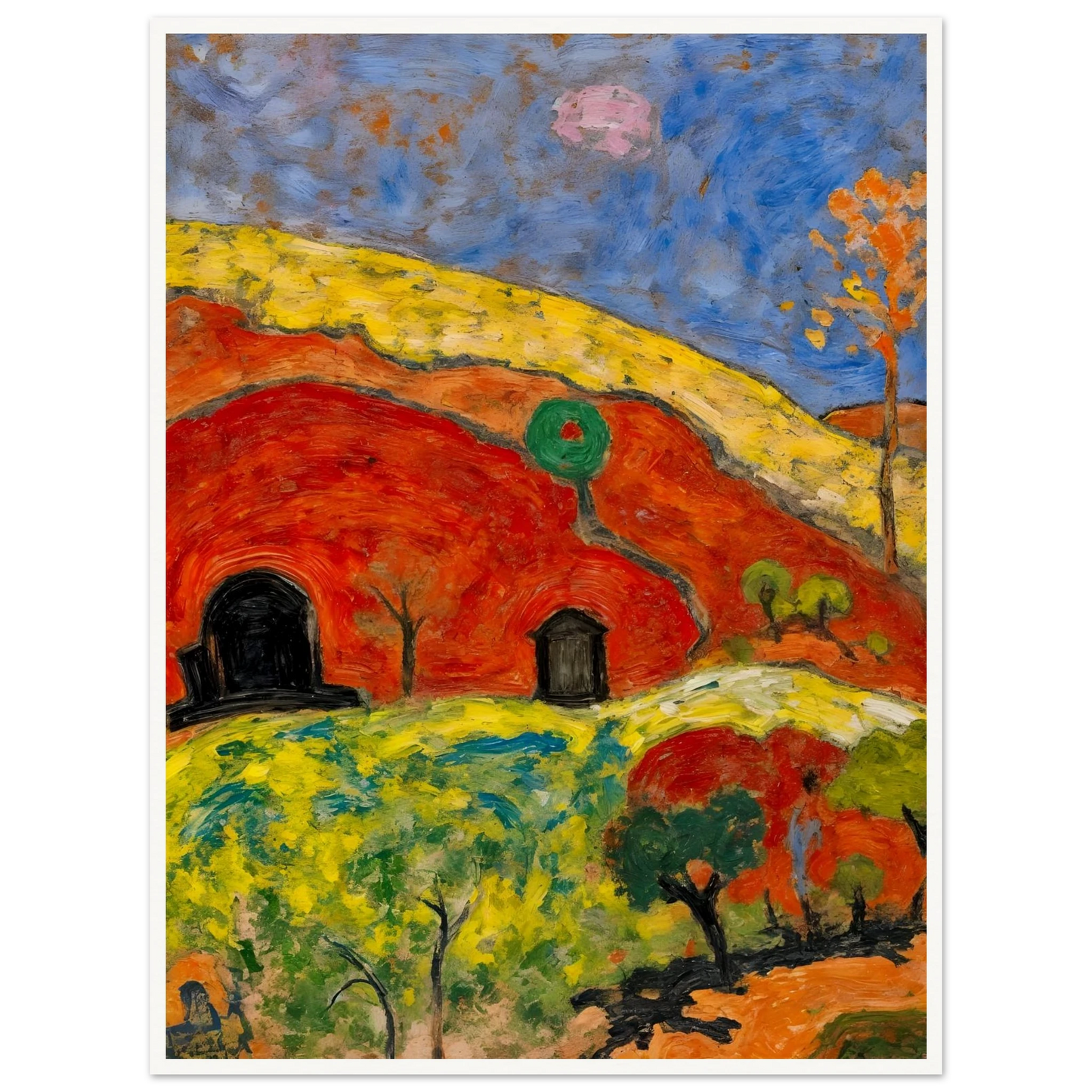 A vibrant expressionist landscape depicting red-orange hills with cave-like dwellings, scattered trees, rolling yellow-green fields, and a deep blue sky illuminated by a pale moon.