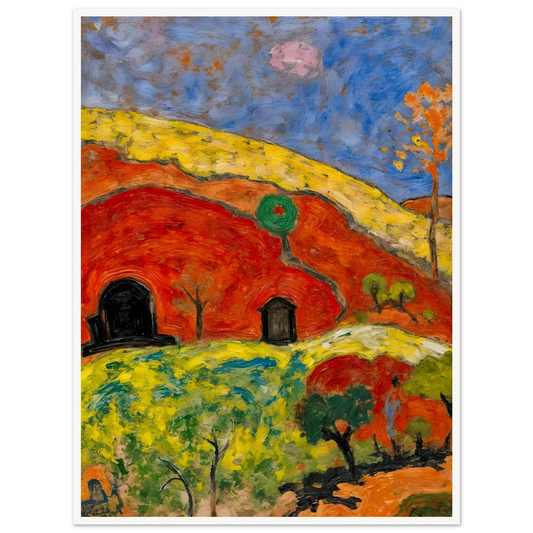 A vibrant expressionist landscape depicting red-orange hills with cave-like dwellings, scattered trees, rolling yellow-green fields, and a deep blue sky illuminated by a pale moon.