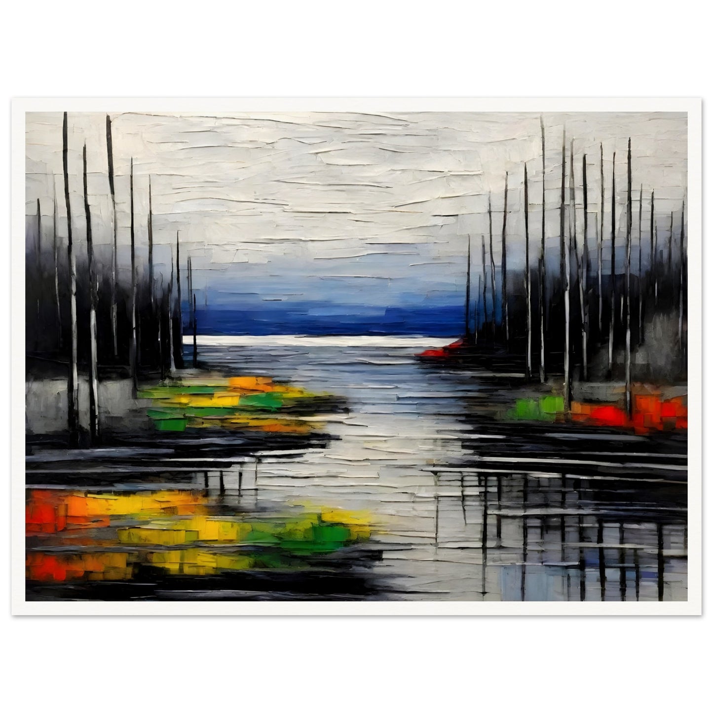 A moody, textured painting of a lake with dark, bare trees reflecting on the water, contrasted by vibrant patches of green, yellow, and red.